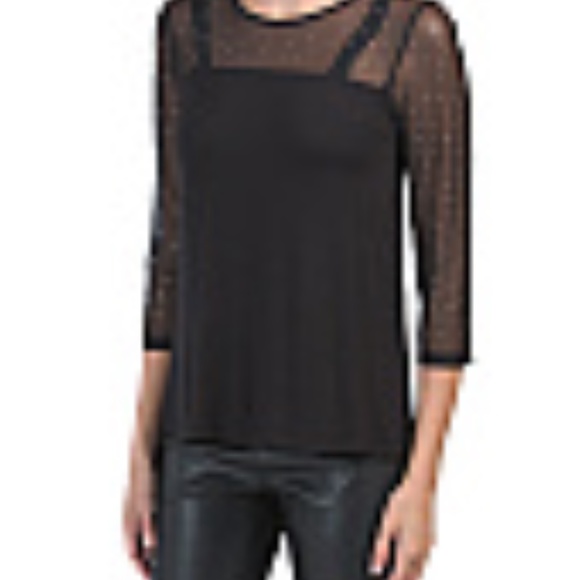 Cable & Gauge Mesh Yoke and Three-Quarter Sleeve Top Black Size M - Picture 2 of 7